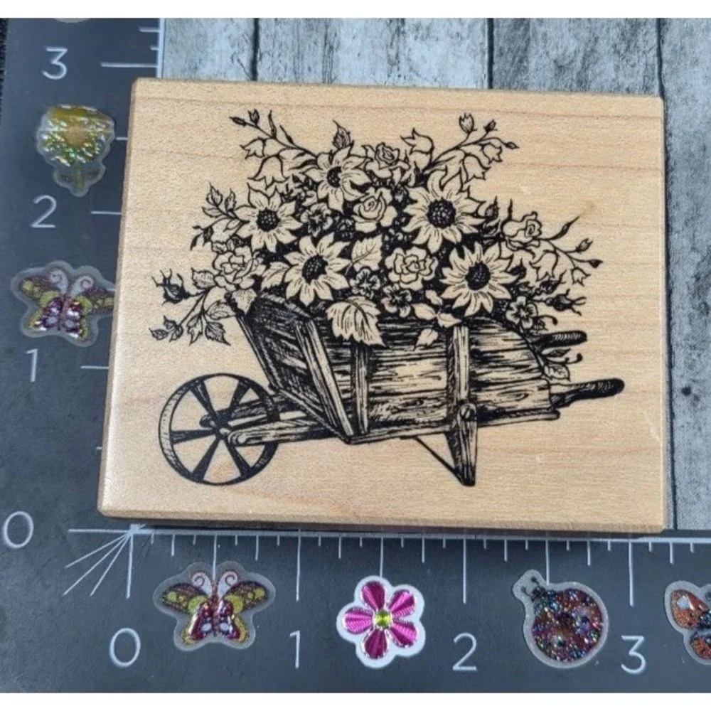 PSX Designs Flower Cart G1756 Wheelbarrow Rubber Stamp Wood #B72